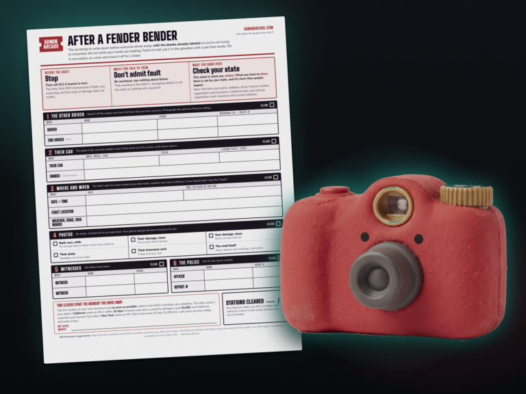 The After a Fender Bender printable sheet tilted against a dark background, with Flash Frank, a fat red plush toy camera, sitting in front of its lower right corner