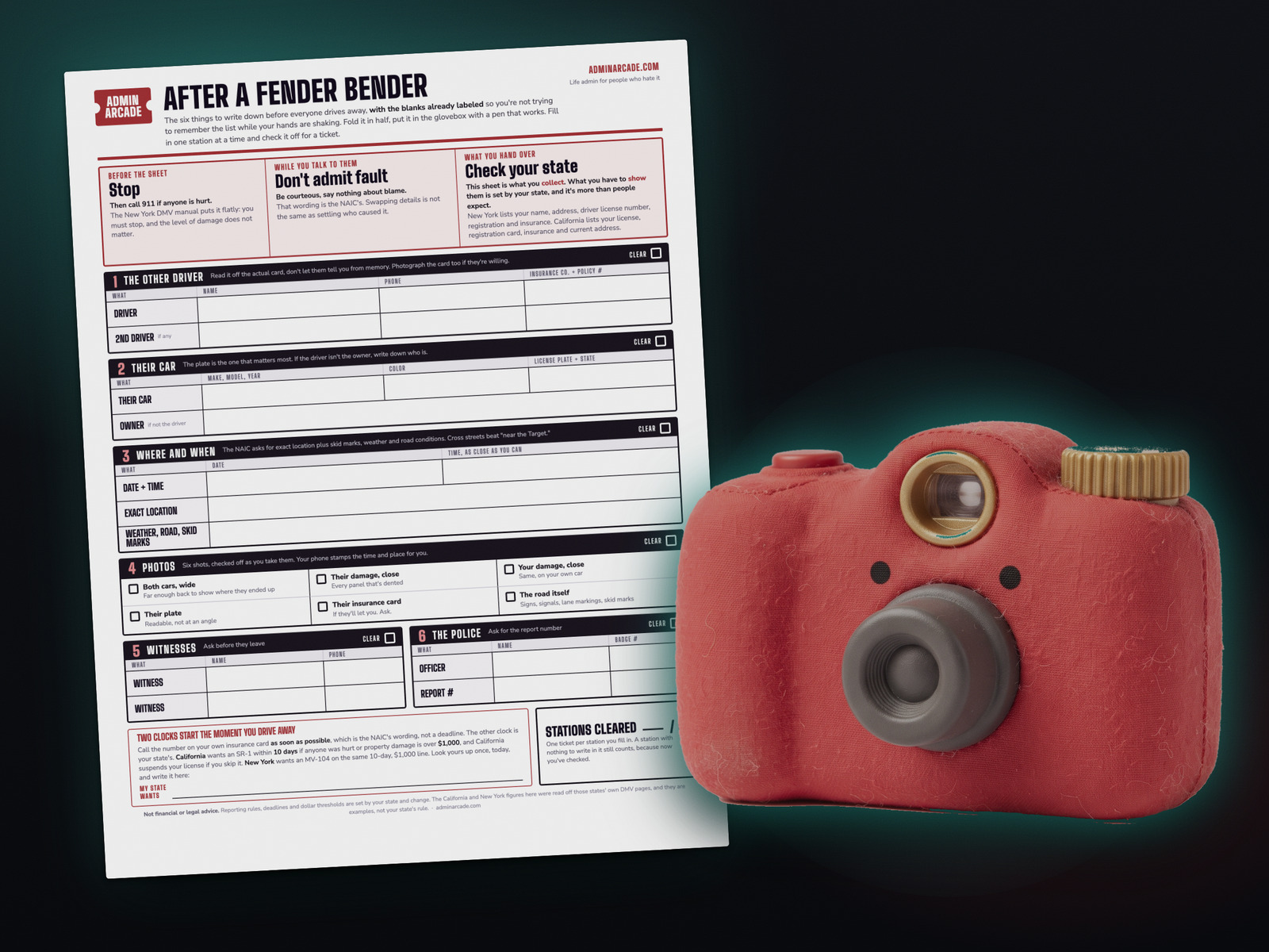The After a Fender Bender printable sheet tilted against a dark background, with Flash Frank, a fat red plush toy camera, sitting in front of its lower right corner