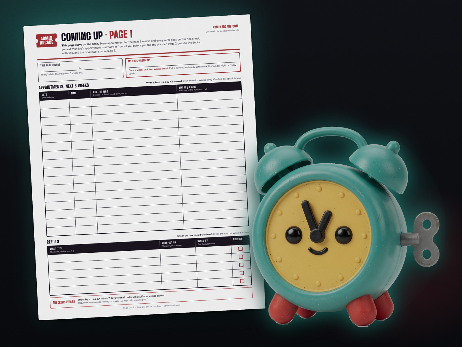The printable appointment and refill tracker with Monday Morty, a teal toy alarm clock