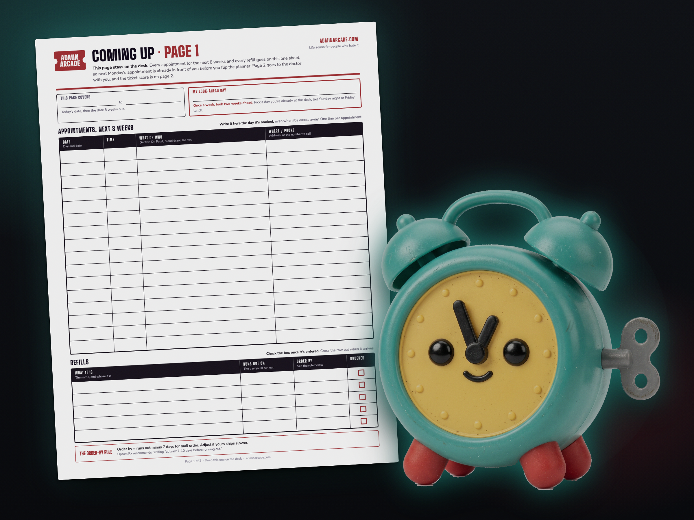 The printable appointment and refill tracker with Monday Morty, a teal toy alarm clock