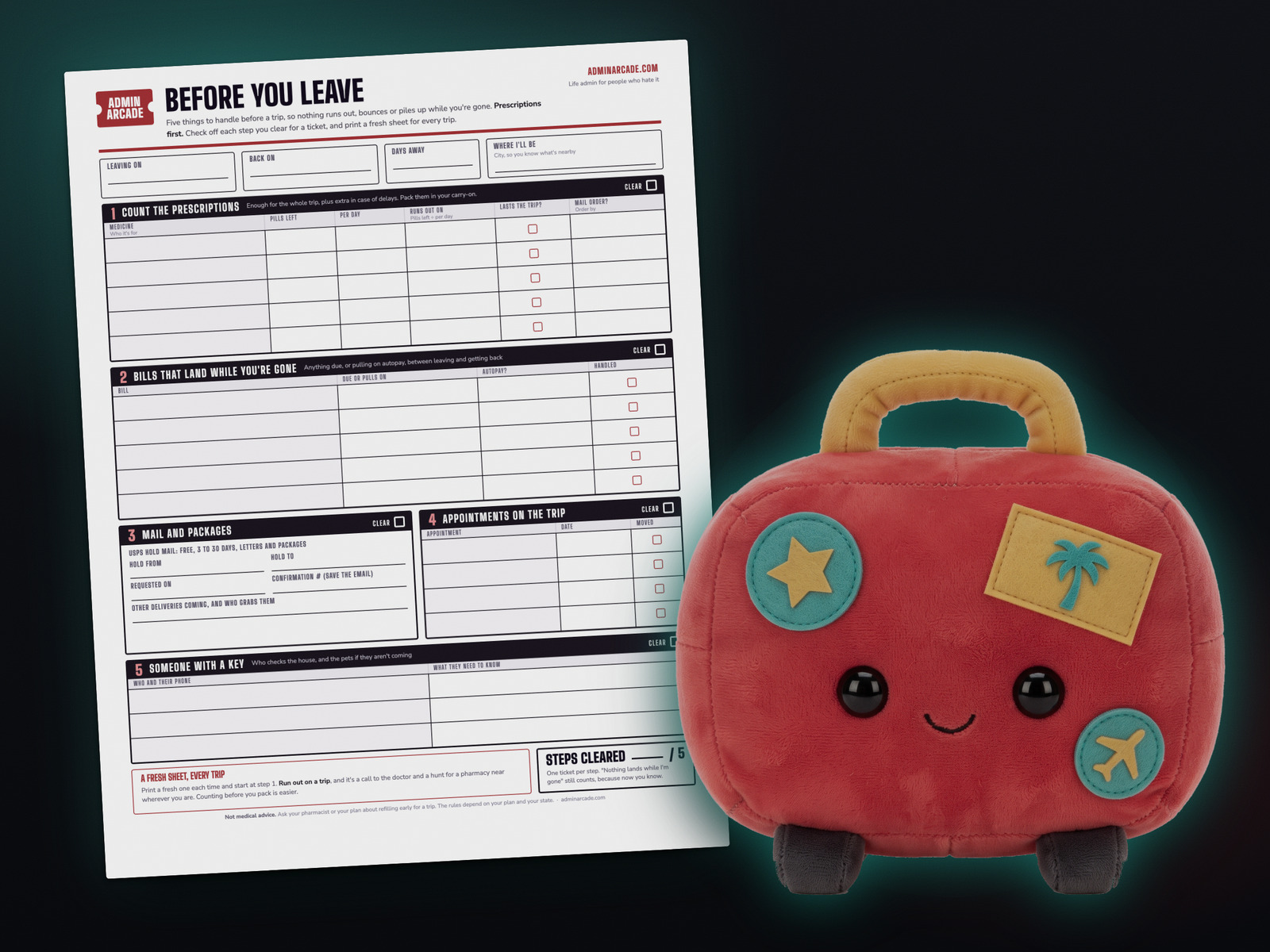 Printable before-you-leave list with the Carry-On Carl plush suitcase prize