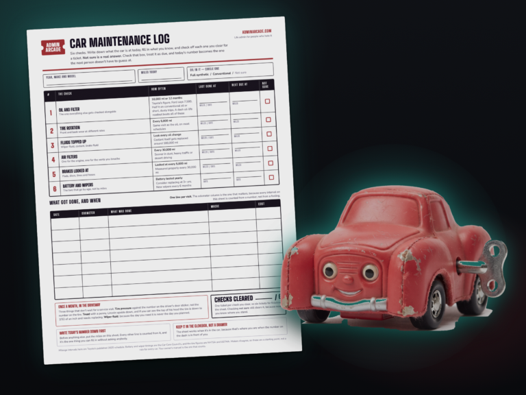 Printable car maintenance log with the Pit Stop Pete prize