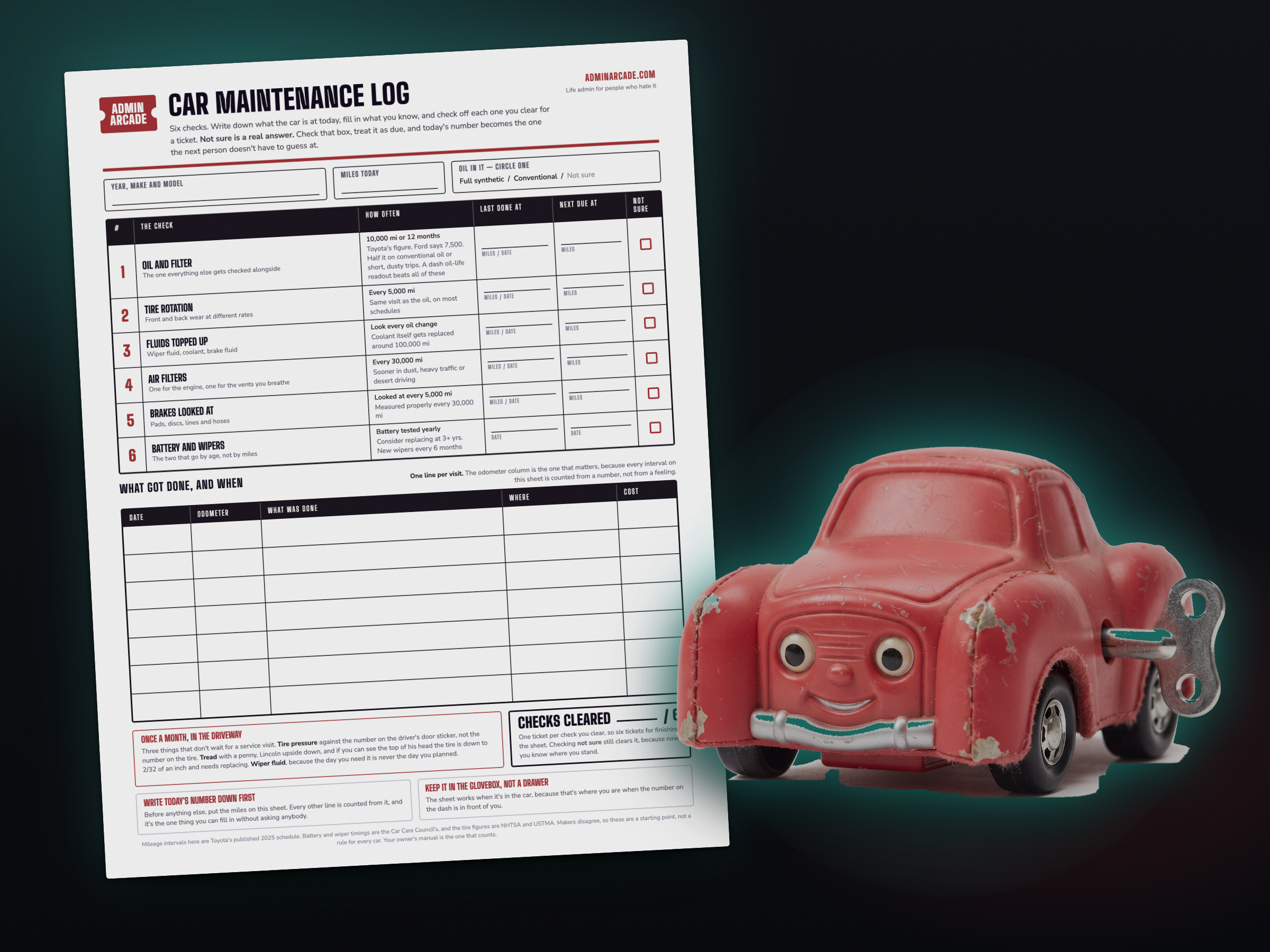 Printable car maintenance log with the Pit Stop Pete prize