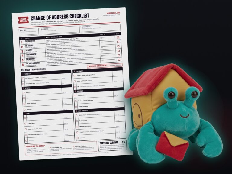 Printable change of address checklist with six stations and a who-needs-the-new-address list, next to the Forwarding Fran plush hermit crab prize in a gold house-shaped shell