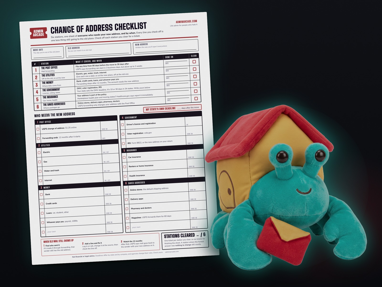 Printable change of address checklist with six stations and a who-needs-the-new-address list, next to the Forwarding Fran plush hermit crab prize in a gold house-shaped shell