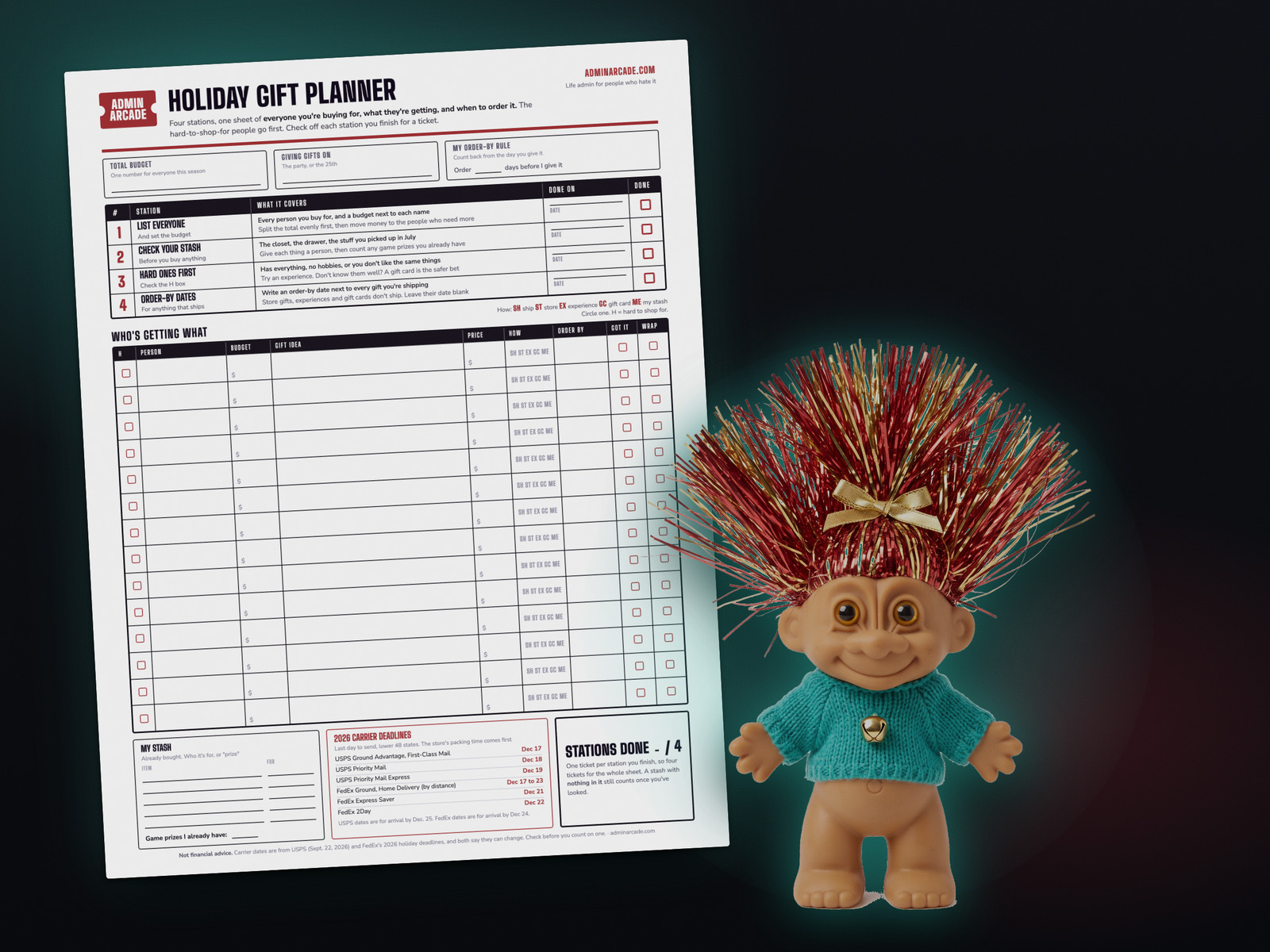 Printable holiday gift planner with four stations, a who is getting what table and 2026 carrier deadlines, next to the Tinsel Tony troll doll prize with red and gold tinsel hair and a teal sweater