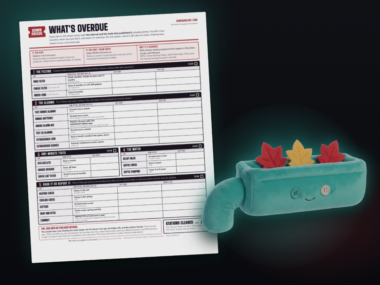 The red-and-black What's Overdue printable home maintenance schedule, tilted on a dark background, with Gutter Gus in front of its lower corner: a teal plush rain gutter with a downspout elbow, button eyes and red and gold felt leaves.