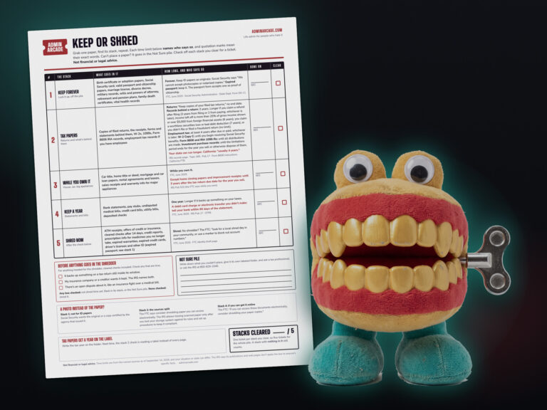 Printable keep-or-shred sheet with the Shreddy Eddie wind-up chattering teeth prize