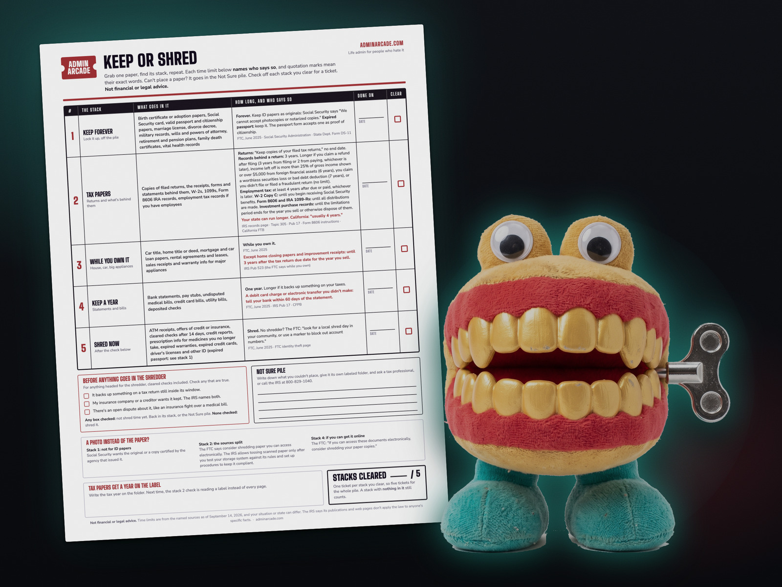 Printable keep-or-shred sheet with the Shreddy Eddie wind-up chattering teeth prize
