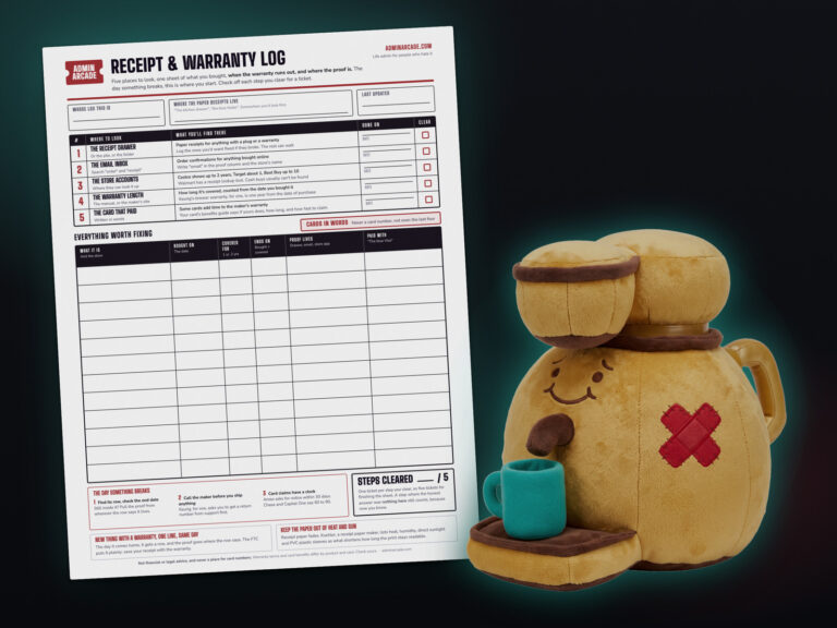 Printable receipt and warranty log with five steps and a twelve-row log, next to the Busted Brewster plush coffee maker prize with a teal mug