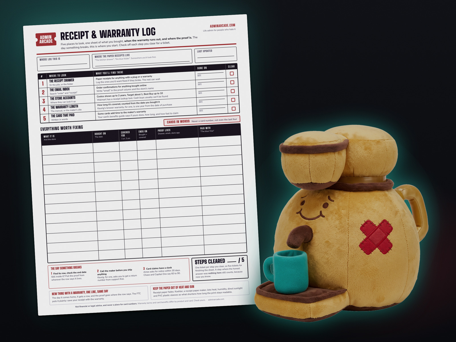 Printable receipt and warranty log with five steps and a twelve-row log, next to the Busted Brewster plush coffee maker prize with a teal mug