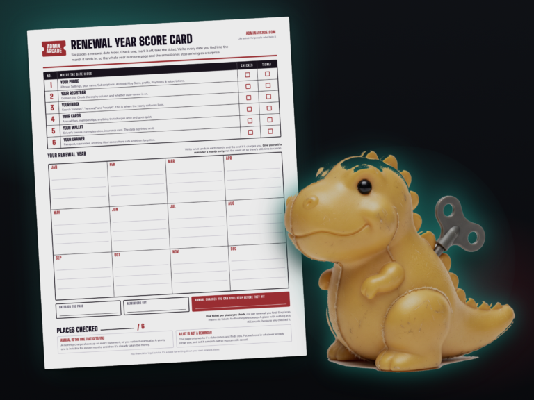 Renewal year score card printable with the Renewal Rex prize