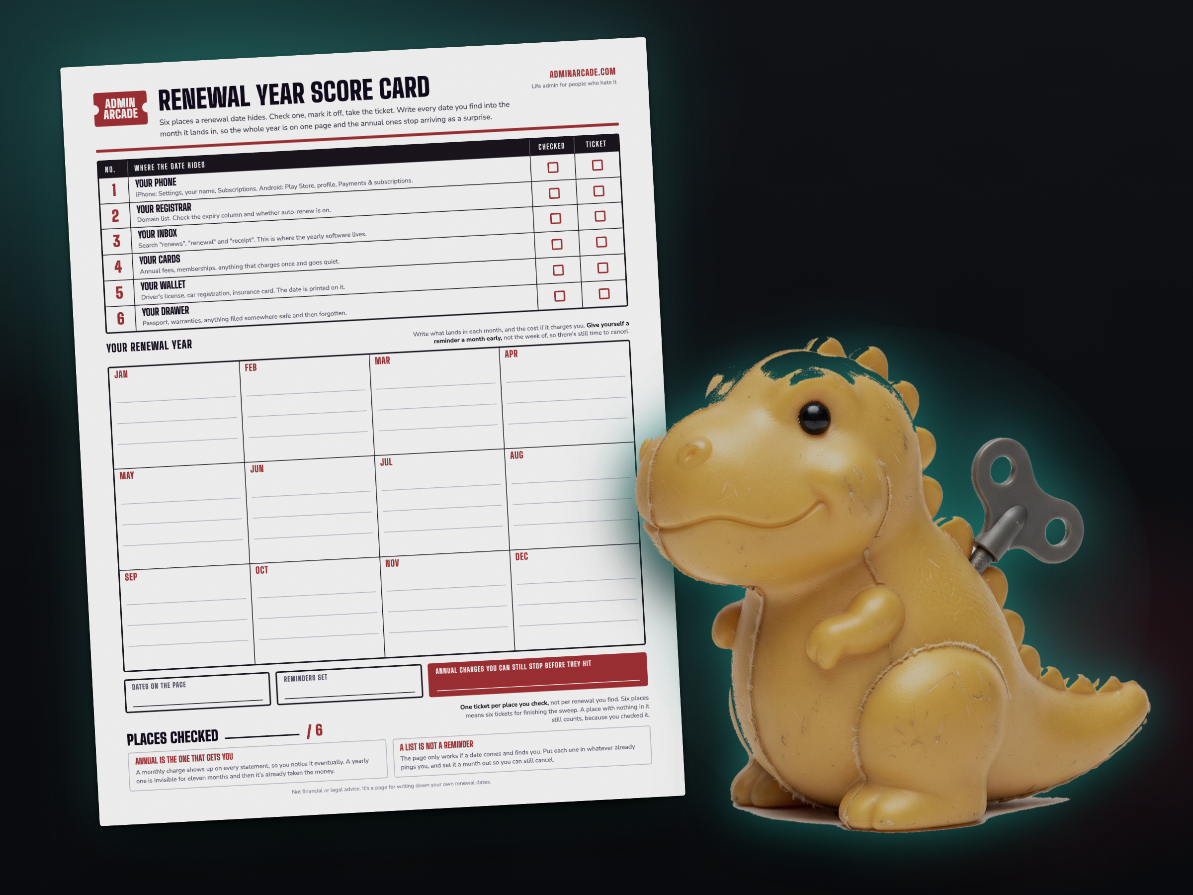 Renewal year score card printable with the Renewal Rex prize