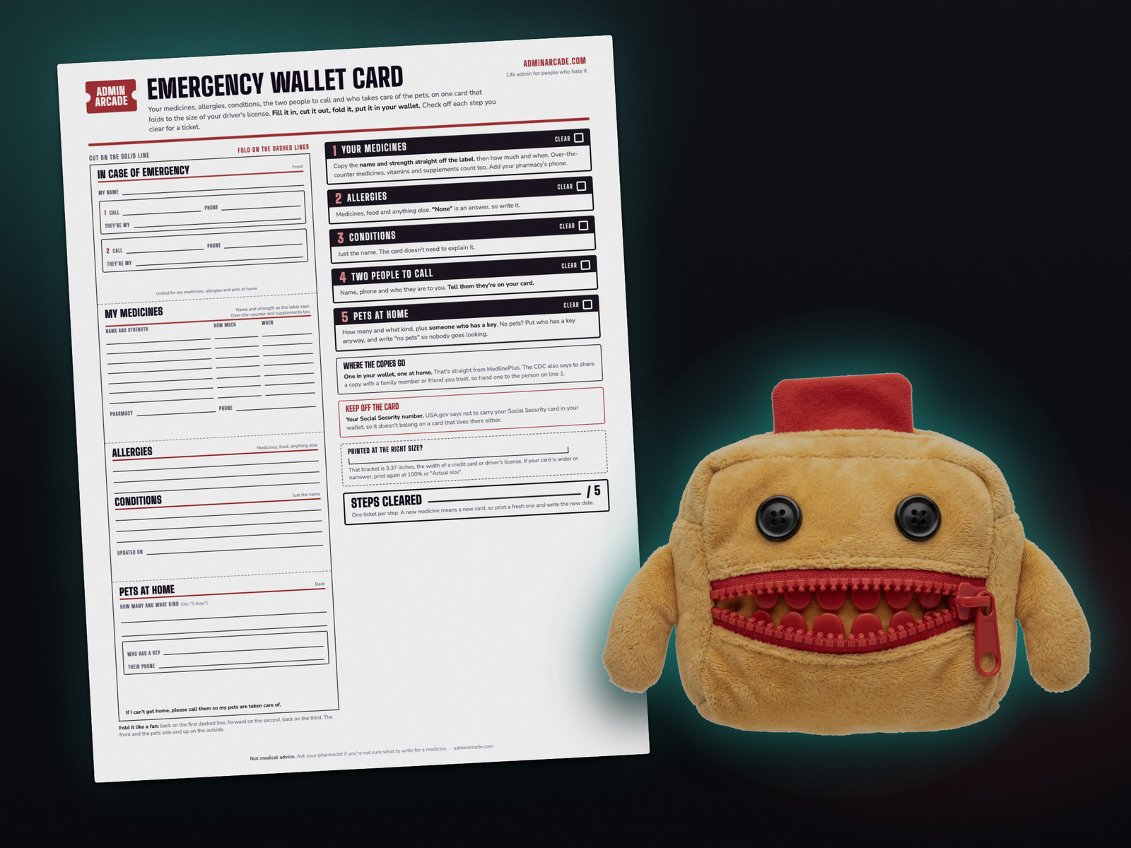 Printable emergency wallet card with the Wally Wallet plush prize