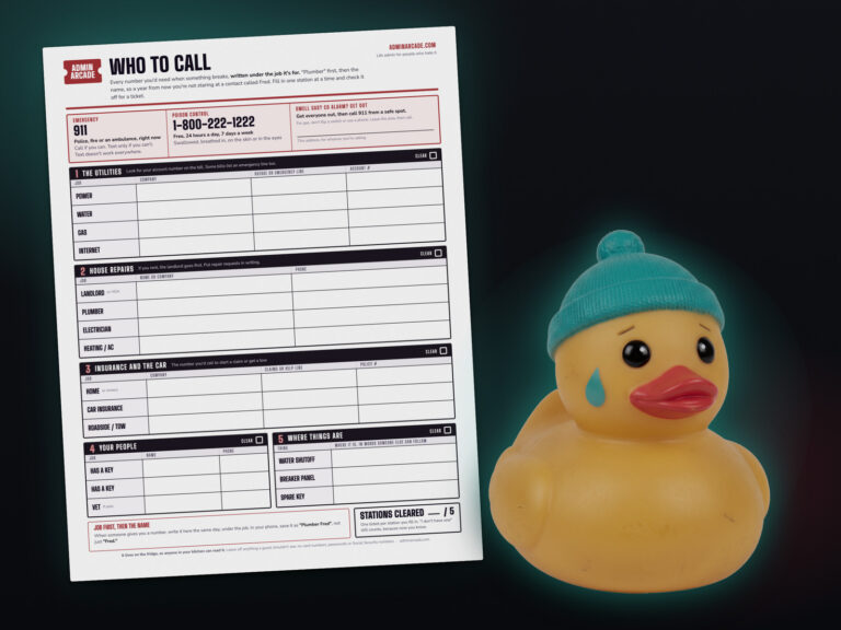 Printable who-to-call fridge sheet with the Drippy Dan rubber duck prize