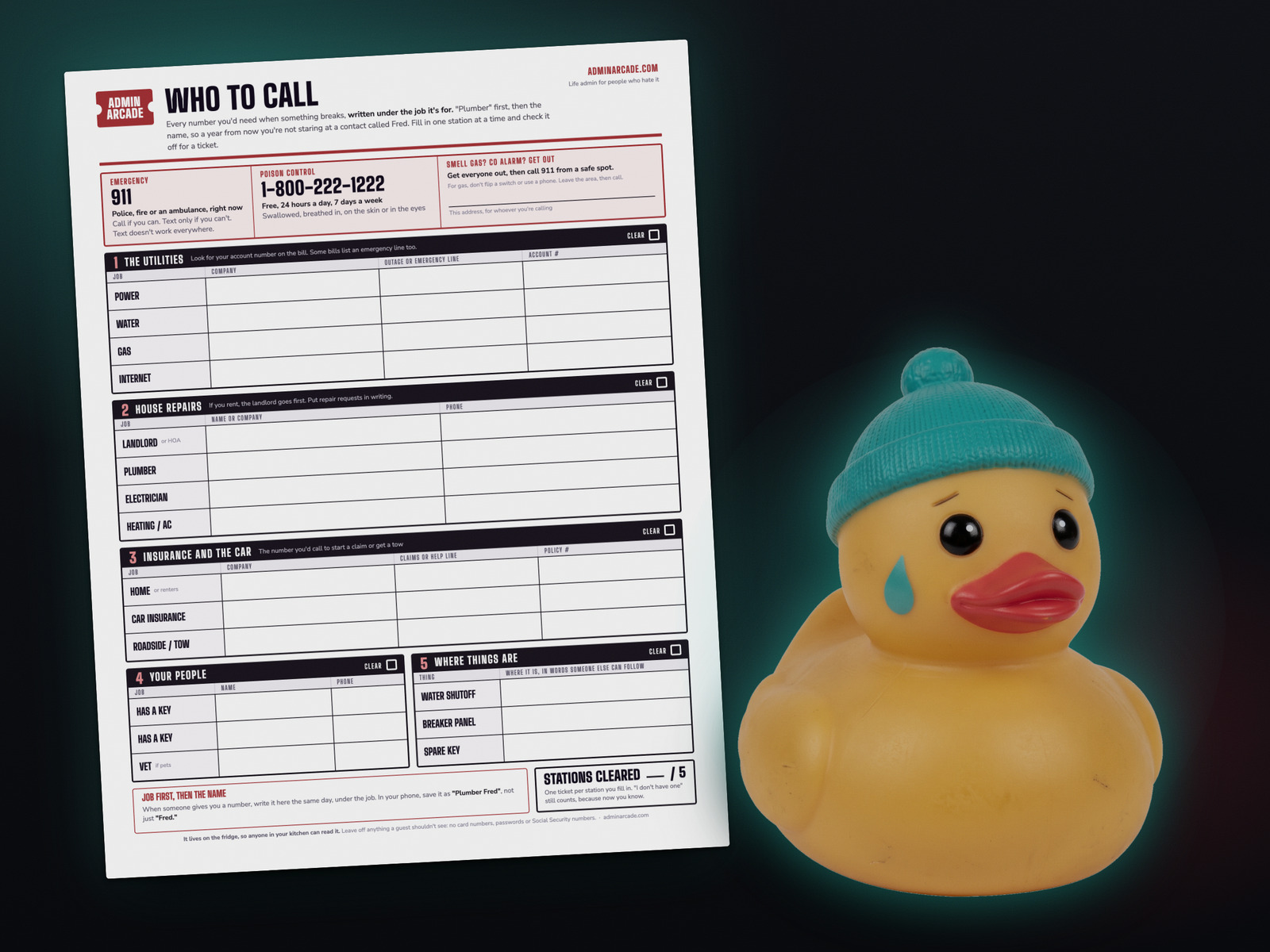 Printable who-to-call fridge sheet with the Drippy Dan rubber duck prize