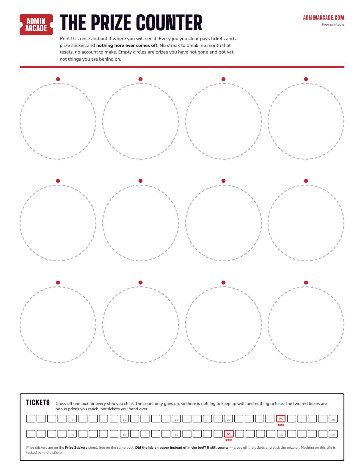 The Prize Counter sheet: twelve blank circles on pegs above a sixty box ticket tally