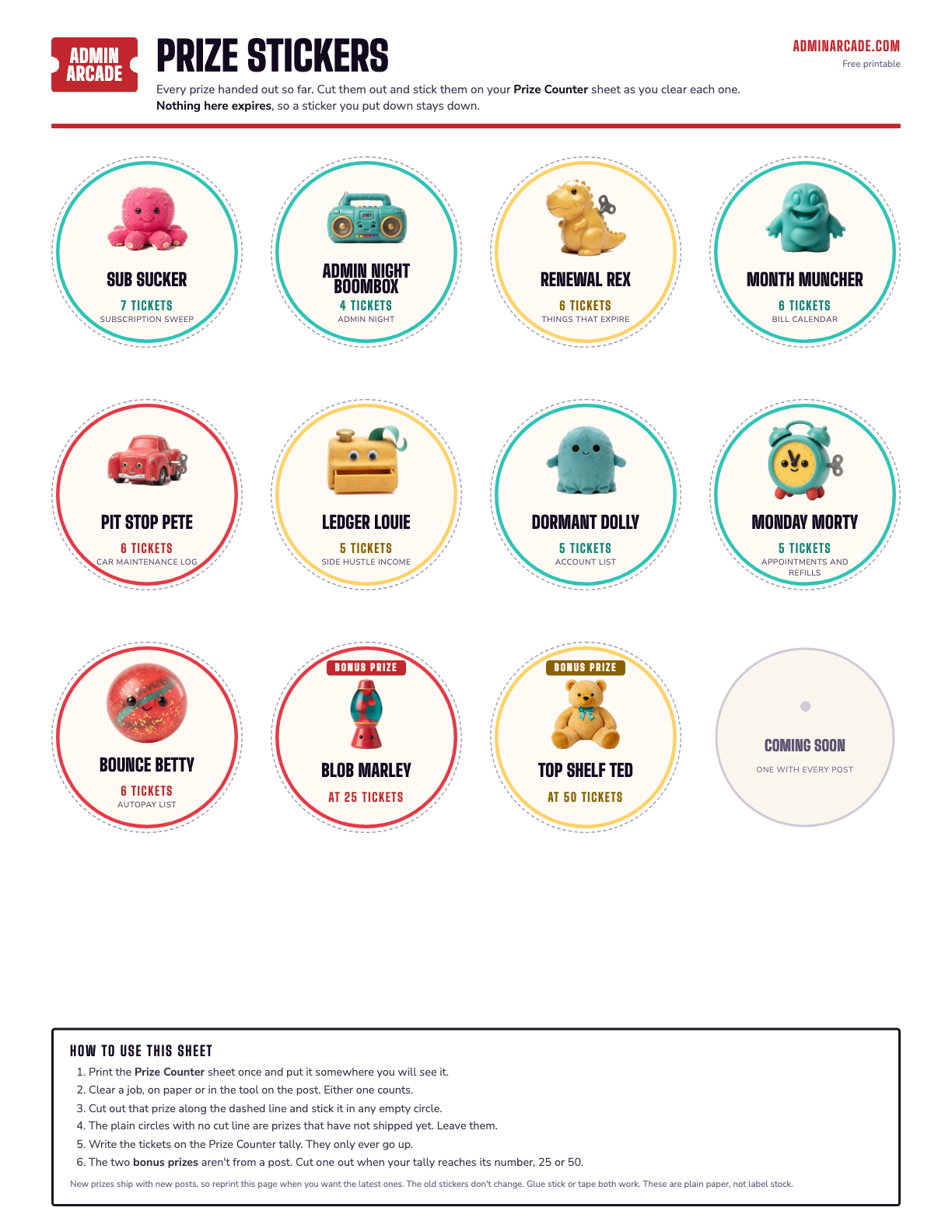 The prize sticker sheet: prize stickers with cut lines, plus coming soon circles for prizes that have not shipped yet