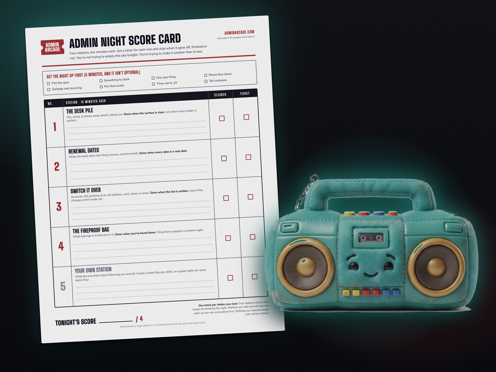 Printable Admin Night score card with four ten-minute stations and a fifth station you add yourself, beside the teal boombox prize plush.