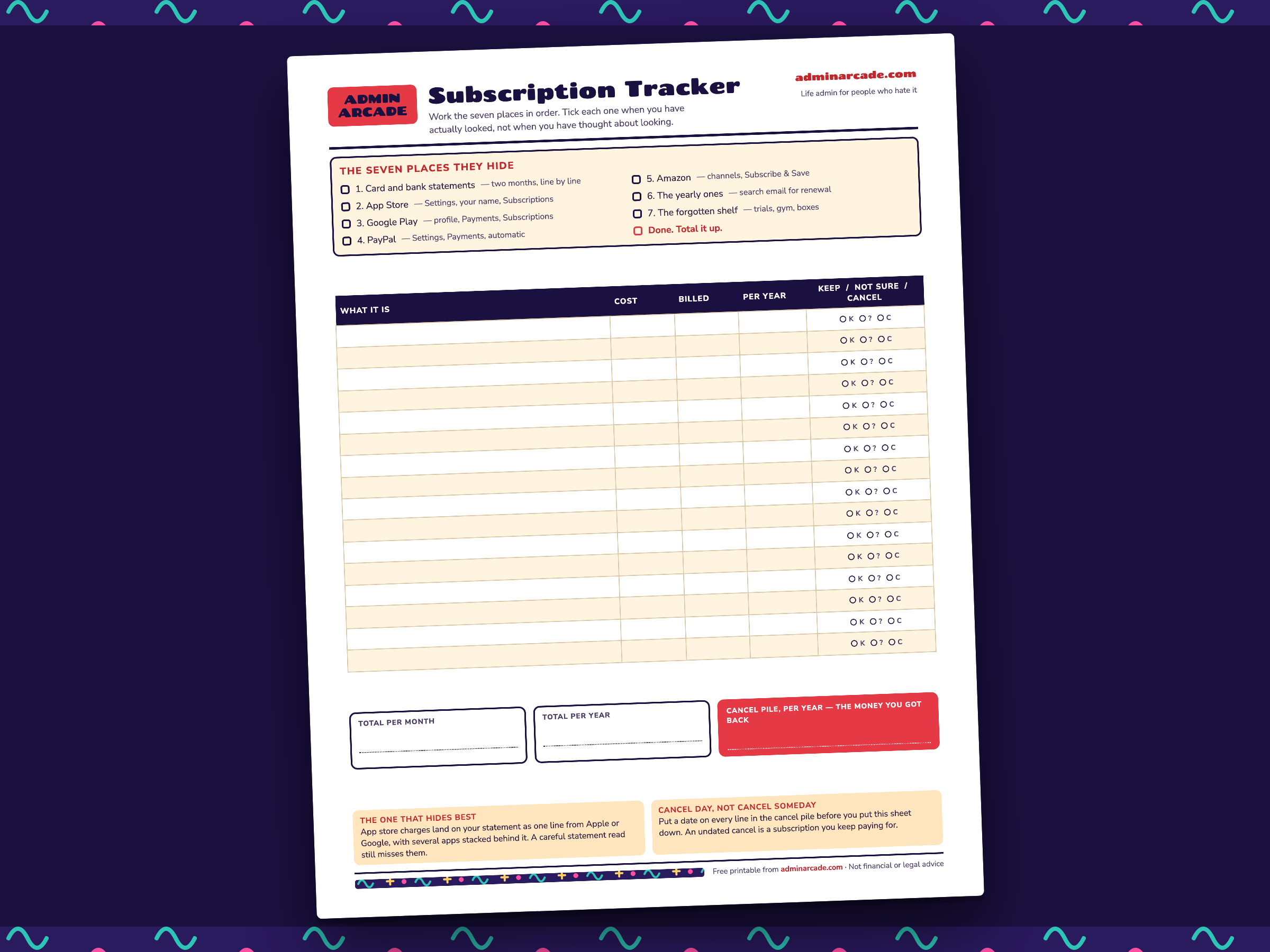Printable subscription tracker with the seven places subscriptions hide