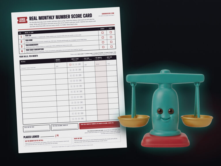 Printable annual bills planner score card with four stations and a bill table for times a year, per year and per month, next to the Even Steven prize, a teal balance scale toy with gold dishes