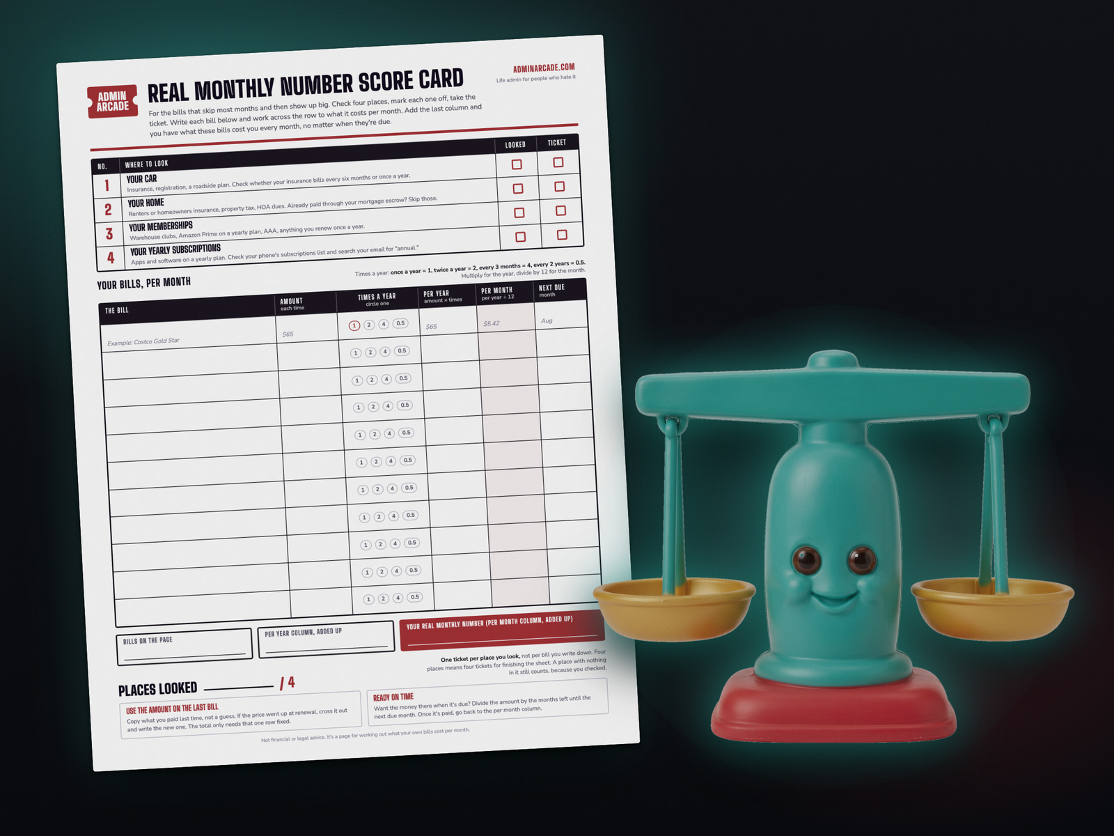 Printable annual bills planner score card with four stations and a bill table for times a year, per year and per month, next to the Even Steven prize, a teal balance scale toy with gold dishes