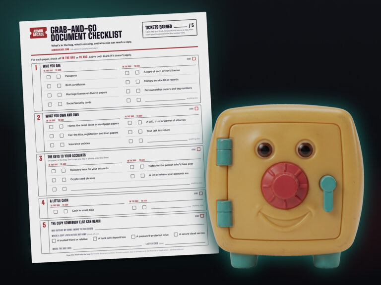 The printable Grab-and-Go Document Checklist, with five numbered steps and in-the-bag and to-add check boxes, next to a gold toy safe with a smiling face.