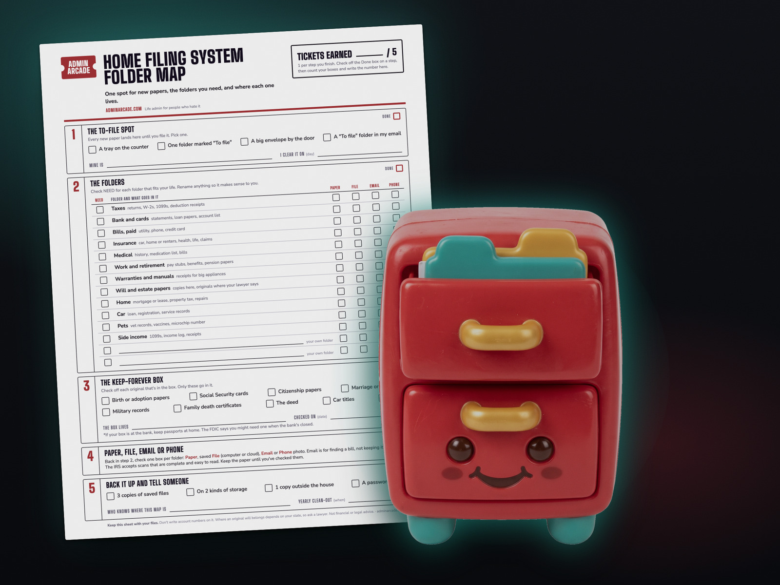 The printable home filing system folder map, with a to-file spot, a folder table with paper, file, email and phone boxes, a keep-forever box list and a backup step, next to a smiling red toy filing cabinet with teal and gold folder tabs.