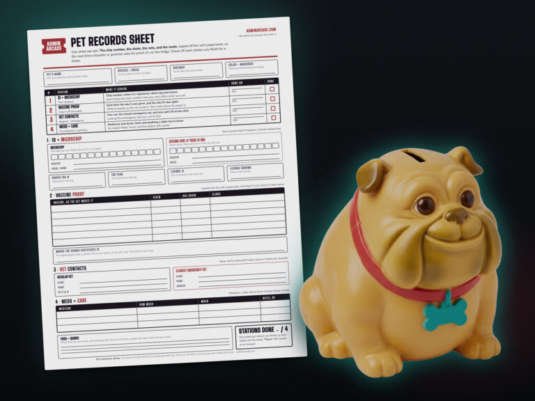 Printable pet records sheet with microchip digit boxes, a vaccine proof table, vet contacts and a meds table, next to the Kibble Kenny prize, a gold bulldog coin bank with a red collar and teal bone tag