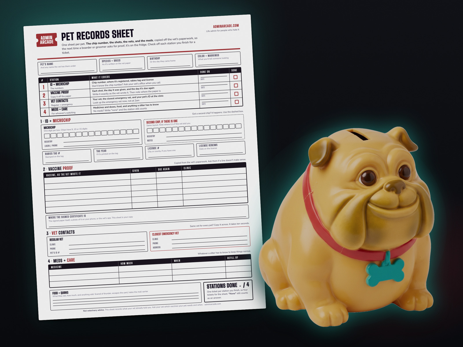 Printable pet records sheet with microchip digit boxes, a vaccine proof table, vet contacts and a meds table, next to the Kibble Kenny prize, a gold bulldog coin bank with a red collar and teal bone tag