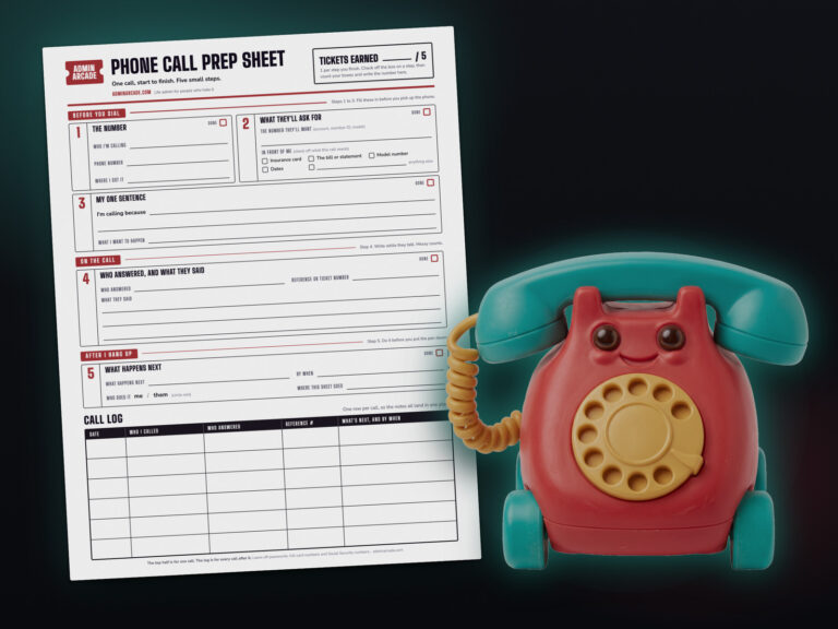 The printable Phone Call Prep Sheet, with five numbered steps and a six-row call log, next to a red toy rotary phone with a teal handset.
