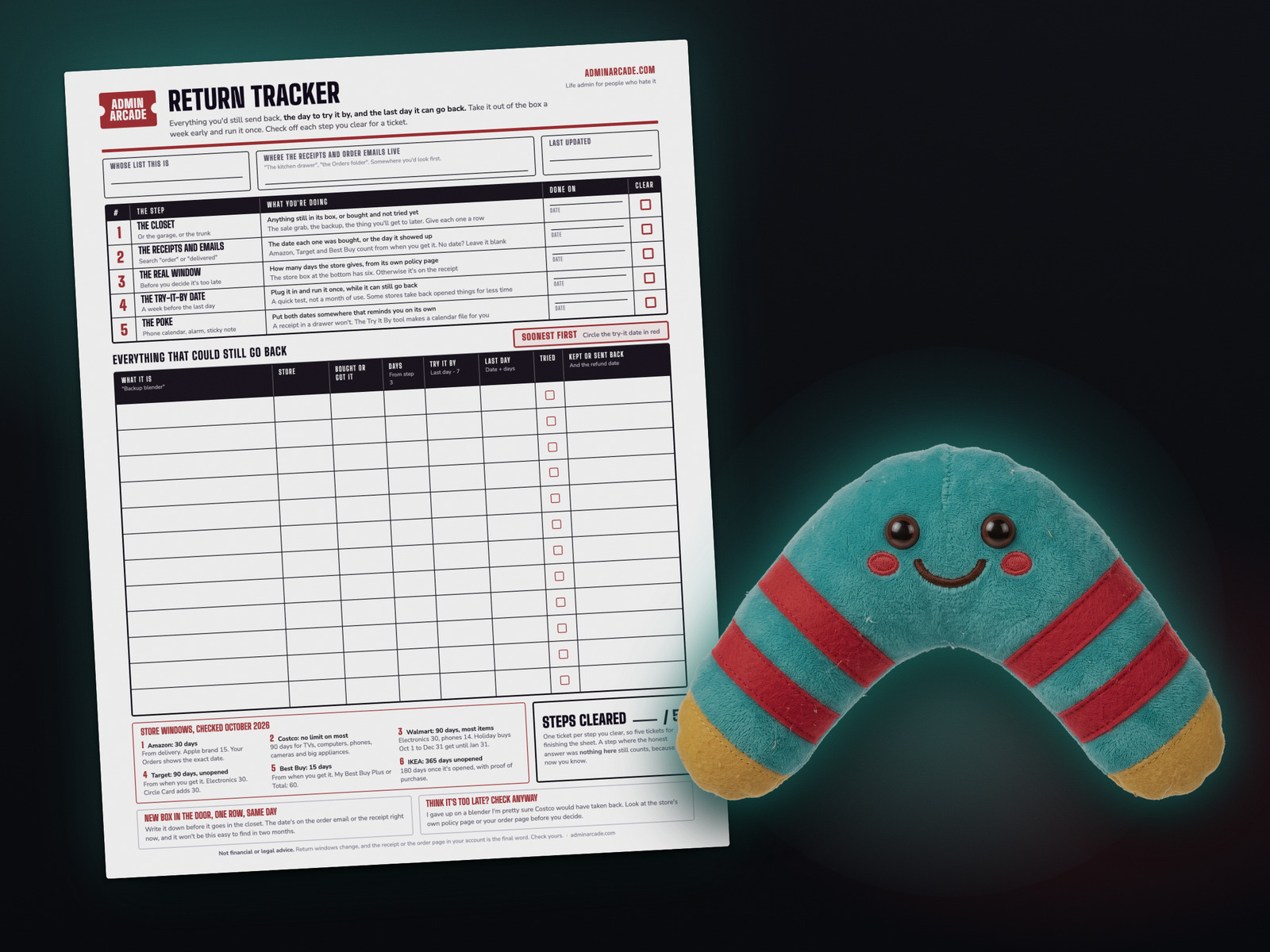 The printable Return Tracker, with five numbered steps, a log with try-it-by and last-day columns, and a box of store return windows, next to a teal plush boomerang with a smiling face.
