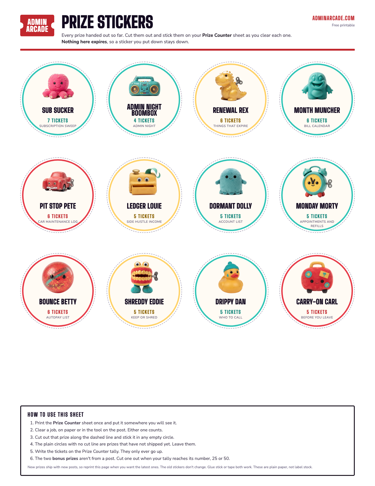 The prize sticker sheet: prize stickers with cut lines, plus coming soon circles for prizes that have not shipped yet